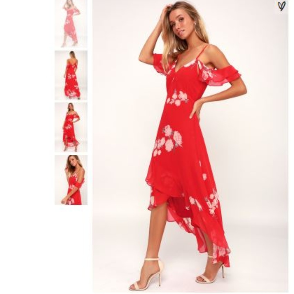 RED FLORAL PRINT OFF-THE-SHOULDER HIGH-LOW DRESS